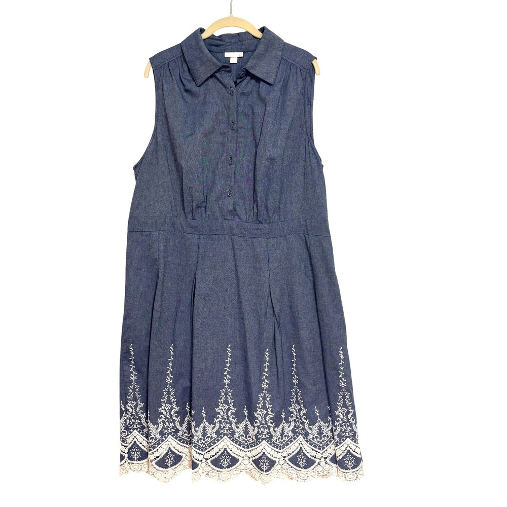 Chambray Shirt Dress Women 16 Blue Lace Hem Cotton Midi Boho Western Cottage